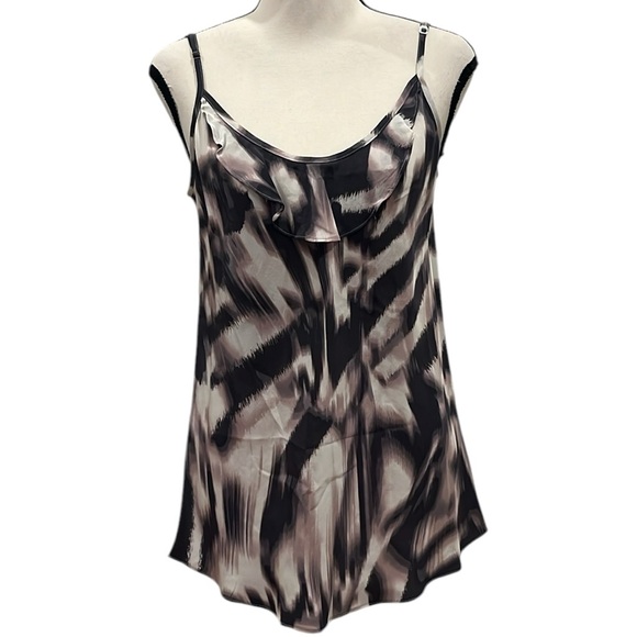 Graham & Spencer Silk Tank Medium Ruffle Trim Neckline Gray Cream Blush Print - Picture 1 of 10